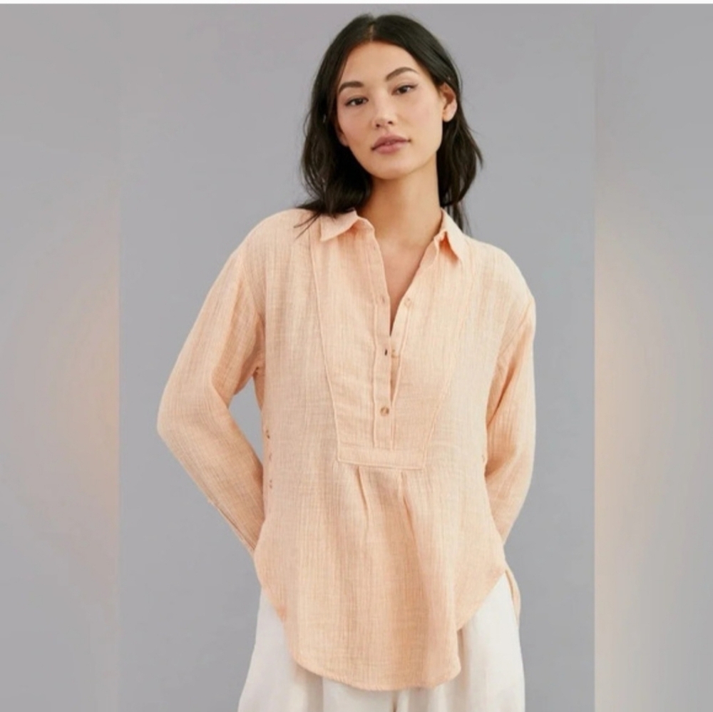 Anthropologie Peach Popover Size Small Side Button Detail Shirt